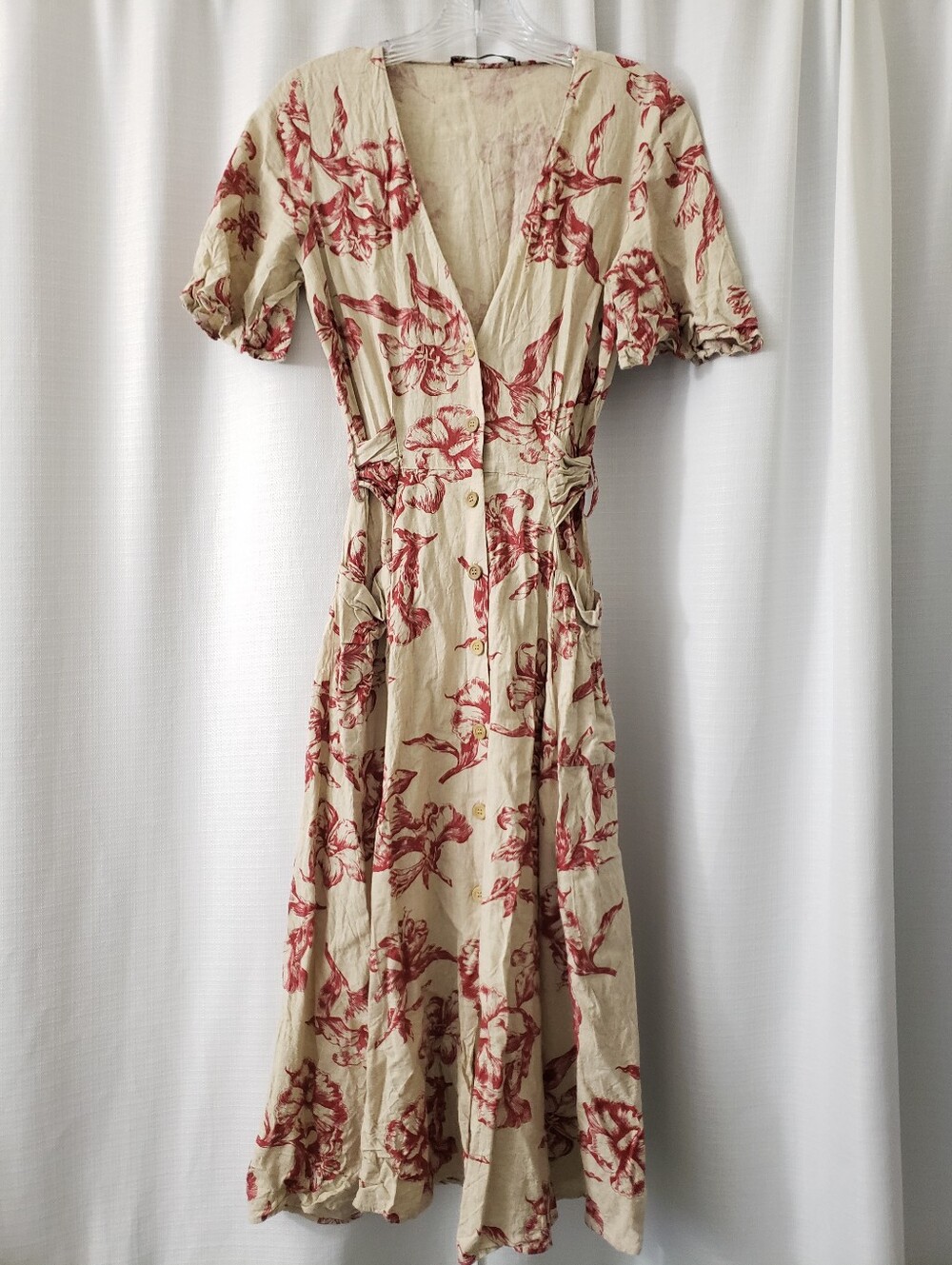 XS Zara Beige Red Floral Print Button Front Linen Blend Midi Dress w/ Pockets